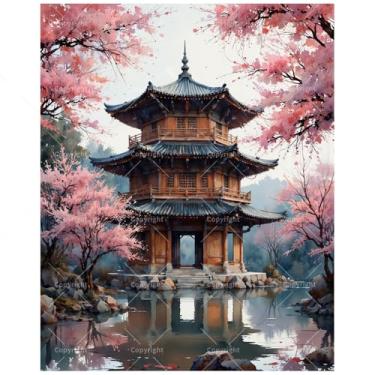 Imagem de Kit de pintura cultural por números para adultos - Pavilhão japonês DIY e pintura de flores em tela, conjunto de tinta acrílica, adequado para iniciantes, arte para decoração de casa ou presentes