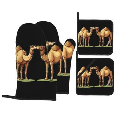 Imagem de Conjunto de luvas de forno estampadas com dois camelos, conjunto de 4 peças adequado para grelhar, cozinhar e assar