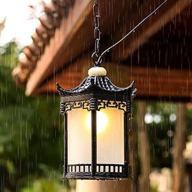 Imagem de Luminária pendente externa E27 em alumínio, à prova d'água, para pátio, paisagem rural, ajustável, estilo lanterna, ideal para varanda, terraço ou cerca.