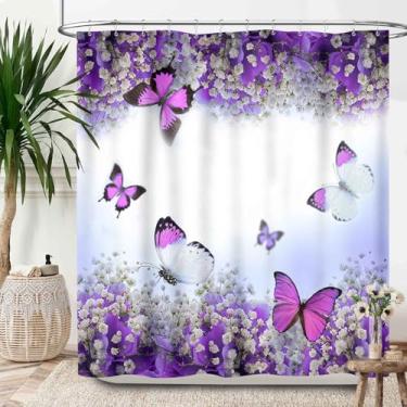 Imagem de Lnepty Cortinas de chuveiro florais, primavera roxo floral borboleta banheiro cortina de chuveiro natureza jardim planta impermeável cortina de chuveiro decoração de banheira com ganchos, 182 x 182 cm