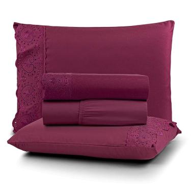Imagem de Jogo de Lençol Nobre Solteiro 3 Peças MicroPercal 200 Fios Bordado Inglês Fino - Bordo - 100% Poliéster