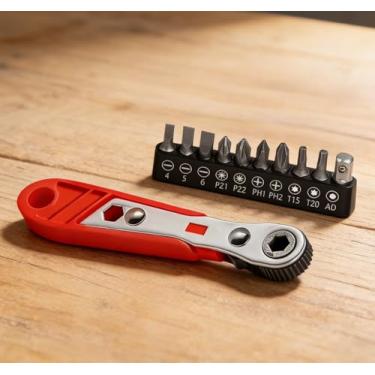 Imagem de Conjunto de mini chaves de catraca com alça serrilhada antiderrapante de liberação rápida, kit de brocas portátil para reparo de automóveis, acampamento em casa, vermelho