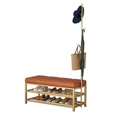 Imagem de Sapateira de 3 níveis, organizador de prateleira de armazenamento de sapatos com cabideiro e almofada acolchoada de couro sintético, estrutura de aço para entrada, corredor, sala de estar