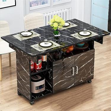Imagem de Mesa de jantar dobrável moderna, mesa de jantar com folhas caídas, mesa de jantar extensível com gaveta e prateleiras de armazenamento, mesa de jantar com 6 rodas, em 3 formas, economia de espaço