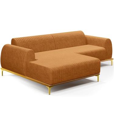 Imagem de Sofá 5 Lugares com Chaise Esquerdo Para Sala de Estar Molino 300cm D02 Base Castanho Pés D'ouro Couríssimo Whisky B-90 - Lyam Decor