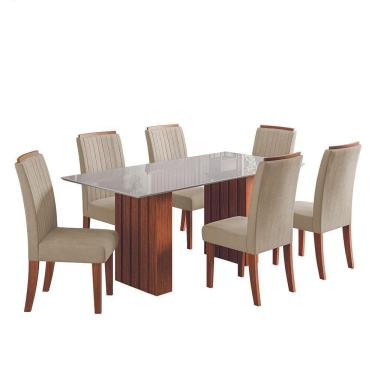 Imagem de Conjunto De Mesa Sala De Jantar Ripada Tampo Com Vidro Santiago 1,80m 6 Cadeiras Grécia Dobuê Madeirado / Bege