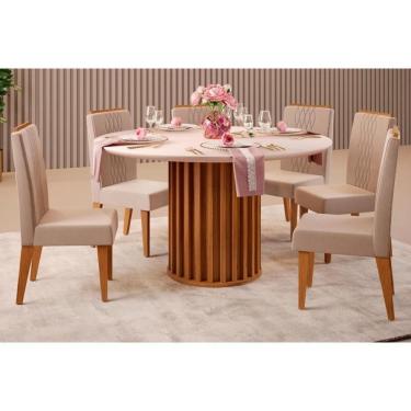 Imagem de Sala De Jantar Completa Viena Tampo Madeirado C- Vidro 136cm E 6 Cadeiras Lia Freijo-off White - Suede Kraft - Dj Móveis