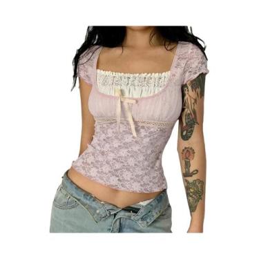 Imagem de Camiseta Cropped De Verão Y2K Feminina Com Decote Quadrado E Mangas Cu