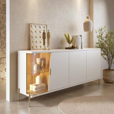 Imagem de Balcão Buffet 4 Portas Sena Pés de Metal com Vidro e Led Off White Matte Freijó Colibri