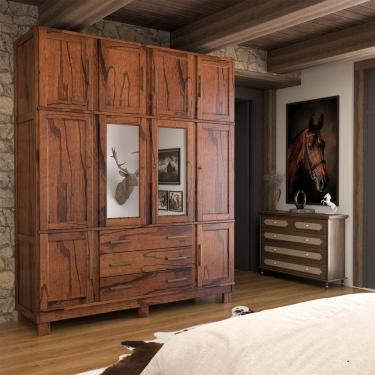 Imagem de Guarda-Roupa Casal Rústico Madeira Maciça 10 Portas 3 Gavetas com Espelho e Pés Mogano - Panorama Móveis
