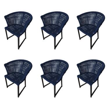 Imagem de Kit 6 Cadeiras Salinas Corda Náutica Base Em Alumínio Preto-azul Marinho