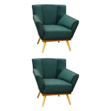Imagem de Kit 2 Poltronas Decorativas Berlim Base Em Madeira Maciça Tecido Veludo Verde