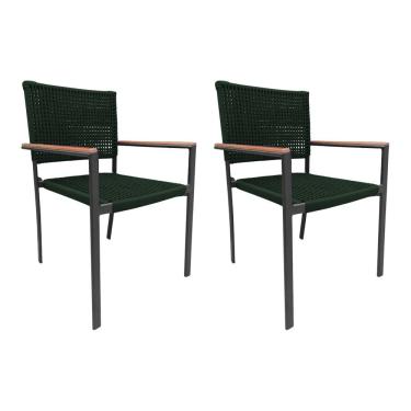 Imagem de Kit 2 Cadeiras Piracicaba Corda Náutica Braço Com Detalhe Em Madeira Base Alumínio Preto-verde Musgo