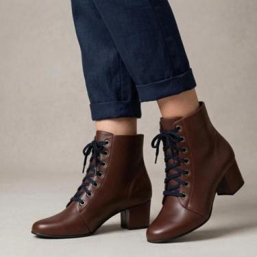 Imagem de Coturno Feminino Bico Quadrado Salto Medio Grosso Cadarço Confortavel 