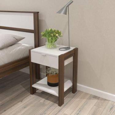Imagem de Mesa de Cabeceira com 1 Gaveta e 1 Tomada Bivolt Branco/Nogal - Tecno 