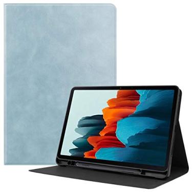 Imagem de Capa ultrafina para Samsung Galaxy Tab S7 (2020) T870 Capa de couro de vaca TPU com textura horizontal com suporte e função de hibernar/despertar e capa traseira para tablet (cor: azul celeste)
