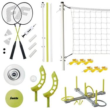 Imagem de Franklin Sports Conjunto de 5 jogos ao ar livre divertido – quintal, praia + jogos de acampamento para crianças – badminton, vôlei, flip, disco voador + arremesso de anel