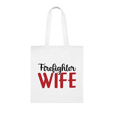 Imagem de Sacola engraçada de esposa bombeiro, para esposa, presente para esposa, bolsa de ombro para esposa, bolsas reutilizáveis para esposas, presente para esposa da Husbandnny favorita, Branco
