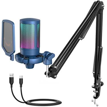 Imagem de FIFINE Kit de microfone para PC e gravação de jogos USB, conjunto de microfone condensador RGB para podcasts, áudio, vocal, vídeo no Mac/desktop/laptop, com suporte de braço boom - azul A6T