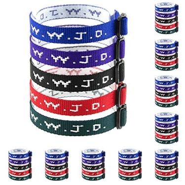Imagem de 100 pulseiras WWJD - O que Jesus faria pulseiras tecidas por pacote - Pulseira religiosa cristã WWJD para arrecadação de fundos, vermelho, verde, azul, preto e roxo, perfeita para homens, mulheres, meninos e meninas