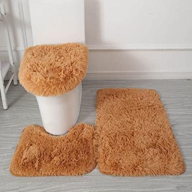 Imagem de SHENGANG 3 pçs/conjunto conjunto de tapete de banheiro cabelos macios tapetes de banho tampa de vaso sanitário capa tapetes kit retangular, khaiki, 40x50 45x50 50x80cm
