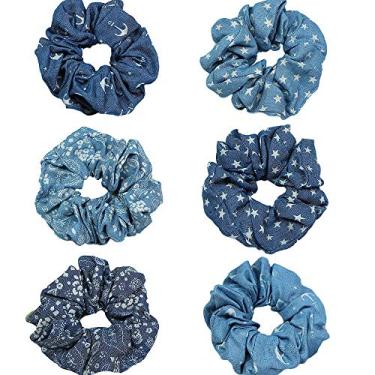 Imagem de 6 peças de elásticos azuis para cabelo acessórios de prendedores de cabelo jeans, elásticos de cabelo azul de tecido apertados para mulheres meninas, faixas de cabelo elásticas de fita azul, cordas de rabo de cavalo