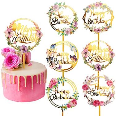 Imagem de 6 peças de topos de bolo de feliz aniversário de flores douradas de acrílico para cupcake para várias decorações de festa de aniversário, bolos e doces