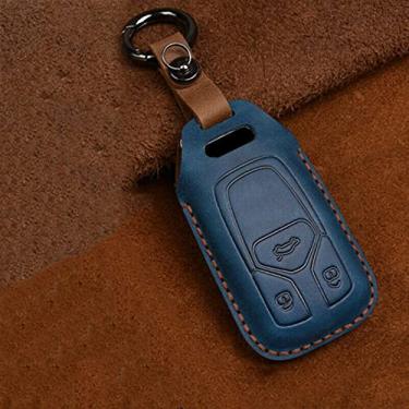 Imagem de YJADHU Controle remoto de couro masculino feminino chaveiro capa de chave de carro, apto para Audi A1 A3 A4 A5 Q7 A6 C5 C6, A azul