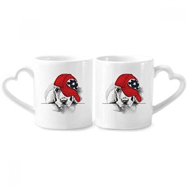 Imagem de Adorável cachorro aquarela ilustração casal porcelana conjunto de canecas de cerâmica para amantes copo coração alça