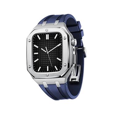 Imagem de KANUZ Capa protetora militar para Apple Watch Series 7 SE 6 5 4 Capa protetora de metal com pulseira de silicone amortecedor à prova de choque 45mm 44mm (Cor: Azul prateado, Tamanho: