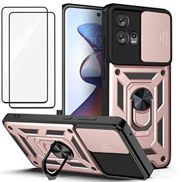 Imagem de Capa para Motorola Moto Edge 30 Fusion Capinha | com 2 protetores de tela temperados, janela deslizante de proteção da câmera integrada e suporte para telefone - Rosa
