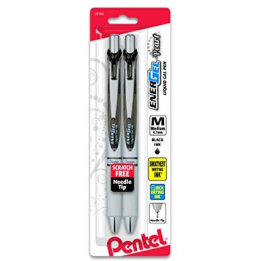 Imagem de Pentel Caneta de gel líquido retrátil EnerGel Pearl RTX (0,7 mm), linha média, ponta de agulha, tinta preta, pacote com 2 (BLN77WBP2A)