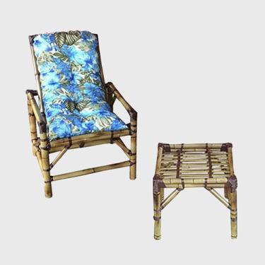 Imagem de Jogo C/ 1 Cadeira Bambu Almofada Floral Azul + Mesa Centro Área - Comp