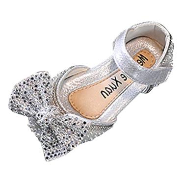 Imagem de Sandálias de moda primavera e verão para meninas sapatos de dança pérola lantejoulas laço brilhante chinelos de gato meninas (prata, 18 a 24 meses)