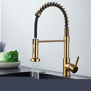 Imagem de Torneira da pia da cozinha preta fosca Torneira da cozinha suspensa Torneira misturadora de manípulo único Torneira misturadora com rotação de 360, ouro escovado