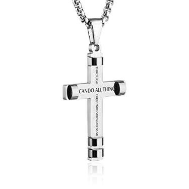 Imagem de HZMAN Colar de aço inoxidável Philippians 4:13 pingente cruz STRENGTH versículo bíblico 3 cores disponíveis, Aço inoxidável