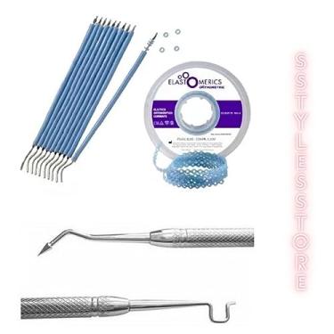 Imagem de Kit Borrachinha Aparelho Ortodôntico Estético (05 Palitinhos) Pearl Blue + 05 Pares Corrente + Aplicador Prata