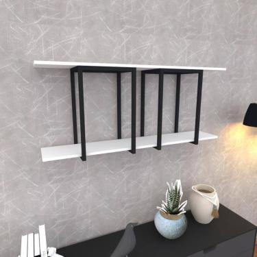 Imagem de Prateleira Industrial Suspensa Estante Parede Nicho Branca Ferro E Madeira Suporte Pratileira