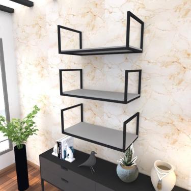 Imagem de Kit Com 3 Prateleira Industrial Suspensa Parede Nicho Cinza Cozinha Escritorio Sala Quarto Infantil