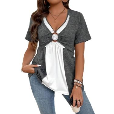 Imagem de SOLY HUX Camiseta feminina plus size color block gola V manga curta anel vinculado tops, Cinza e branco, XXG Plus Size