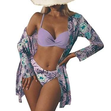 Imagem de Biquínis femininos de cintura alta 2024 sexy conjunto de biquíni 3 peças saída de praia para mulheres com estampa floral frente única, K, M