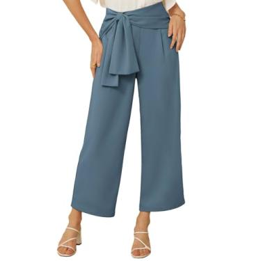 Imagem de GRACE KARIN 2024 Calça feminina de cintura alta para mulheres calças elegantes de perna larga calça casual de negócios com gravata frontal, Cinza, azul, XXG