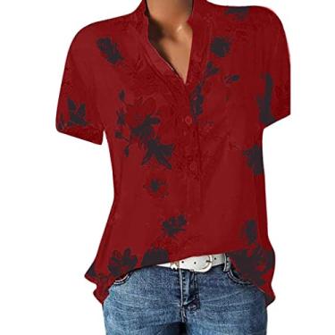 Imagem de Camiseta feminina verão manga curta botão gola V túnica blusa solta estampada camiseta gráfica com bolso Camiseta Tamanho Plus Havaí Casual Top comprida Top flor floral C88-Vinho Medium