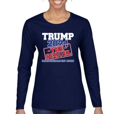 Imagem de Camiseta feminina de manga longa Trump 2024 The Sequel Make Liberals Cry Again MAGA President 47 FJB Let's Go Brandon Republican, Azul marinho, XXG