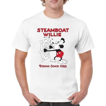 Imagem de Camiseta masculina Steamboat Willie Vibing Since 1928 icônica retrô desenho mouse atemporal clássica vintage Vibe, Branco, GG