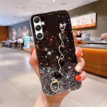 Imagem de Amor coração corrente de pulso glitter caso para samsung galaxy a54 a34 a14 a24 a15 a25 m14 m34 m54 pulseira silicone capa, preto, para samsung m53
