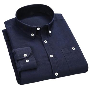 Imagem de WOLONG Camisa masculina de veludo cotelê algodão primavera outono slim fit branco azul preto inteligente camisa casual masculina lisa manga longa, Azul marino, PP