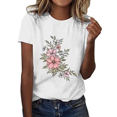 Imagem de Camisetas femininas com estampa floral folgada, gola redonda, manga curta, casual, verão, Bege-d, GG