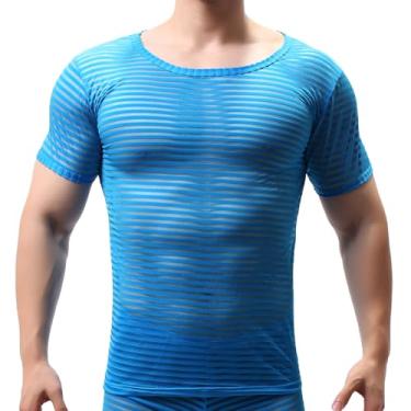 Imagem de GENEMEN Camiseta masculina transparente de malha transparente de manga curta listrada, Azul-marinho listrado, G