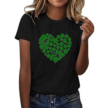 Imagem de Camisetas femininas do Dia de São Patrício com estampa da bandeira americana irlandesa túnica verde camisetas de manga curta, Preto, G